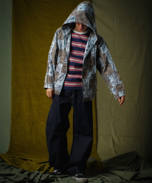 Universal Style Wear（ユニバーサルスタイルウェア）の「Universal Style Wear HAV-A-HANK ハバハンク パッチワーク フーディー（パーカー・メンズ・スミクロ/ホワイト/スモークピンク/グレイッシュブルー/グレー・X-LARGE/LARGE/MEDIUM）」の9枚目の写真