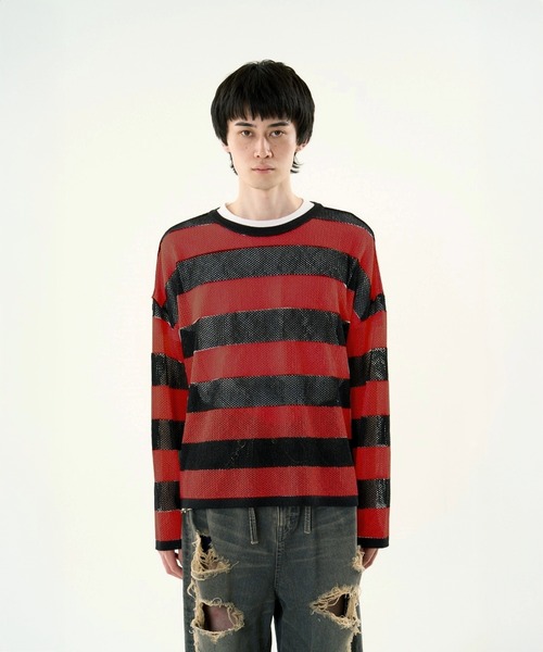 DISCOVERED（ディスカバード）の「【ZOZO限定】MESH LAME PULLOVER KNIT（ニット/セーター・メンズ・ブラック×ホワイト/レッド・SMALL/LARGE）」の2枚目の写真