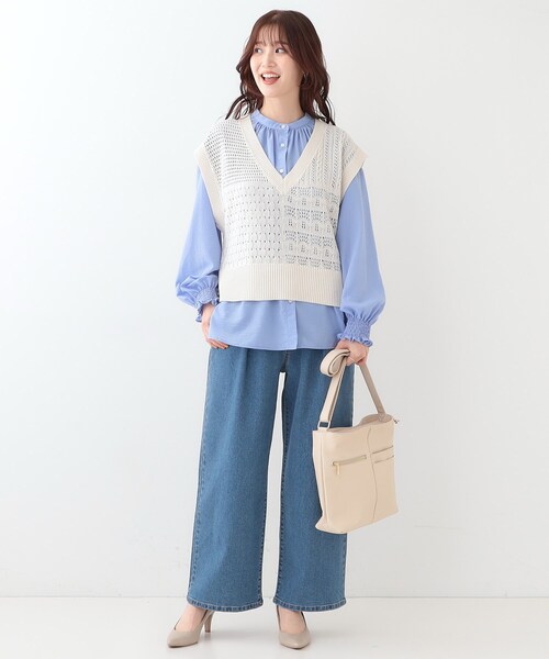 Cutie Blonde（キューティーブロンド）の「パッチワーク風 編み地切替えニットベスト（ベスト・レディース・オフホワイト/チャコールグレー・00）」の5枚目の写真