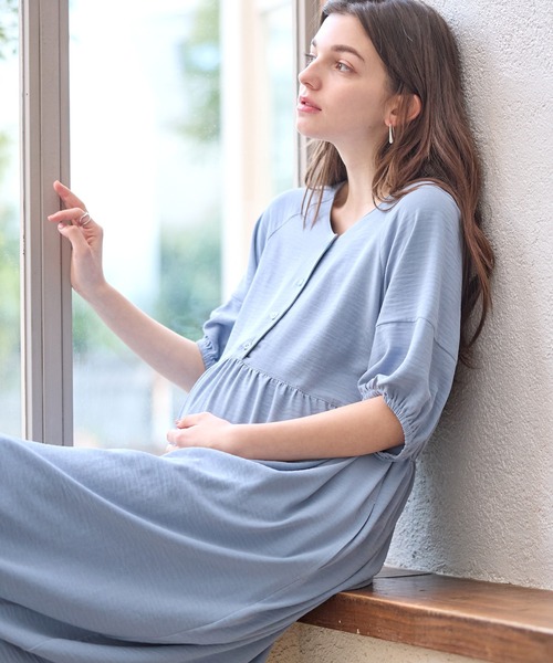上品♡上半身ゴム仕様♡マタニティ　妊婦・褥婦さんにも♡ ロングワンピース 産前産後着用マタニティカットワークレース授乳ワンピース [E3418