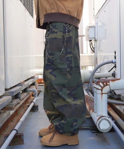 カモフラ柄ミリタリーワイドパンツ/リアルツリー柄/迷彩/丈感