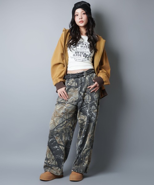 カモフラ柄ミリタリーワイドパンツ/リアルツリー柄/迷彩/丈感