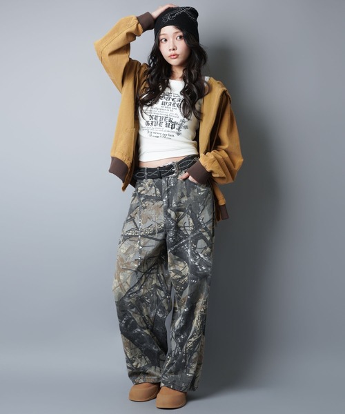 カモフラ柄ミリタリーワイドパンツ/リアルツリー柄/迷彩/丈感