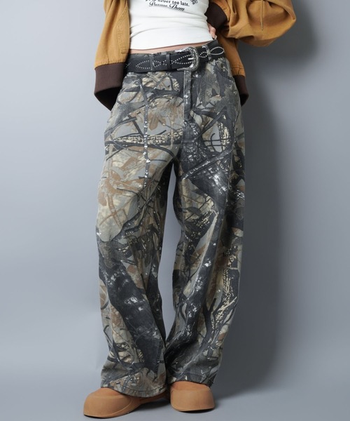 カモフラ柄ミリタリーワイドパンツ/リアルツリー柄/迷彩/丈感