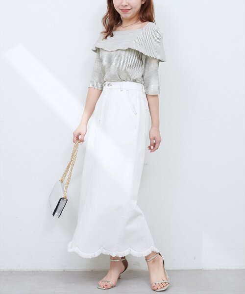 natural couture（ナチュラルクチュール）の「裾フリンジスカラップデニムスカート（スカート・レディース・インディゴブルー/オフホワイト/ブルー・SMALL/MEDIUM/LARGE）」の7枚目の写真