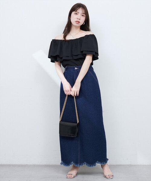 natural couture（ナチュラルクチュール）の「裾フリンジスカラップデニムスカート（スカート・レディース・インディゴブルー/オフホワイト/ブルー・SMALL/MEDIUM/LARGE）」の21枚目の写真