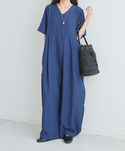 セール】Vネック半袖ルーズシルエットオールインワン（つなぎ
