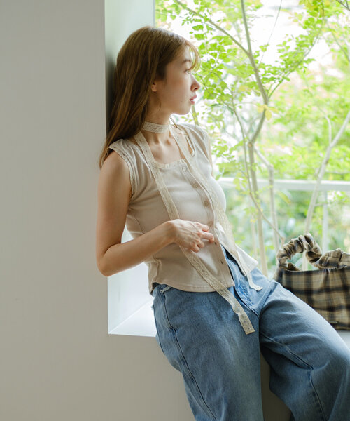 Kastane(カスタネ)の「レースリブタンク(タンクトップ・レディース・ブラウン/ブラック/アイボリー・FREE)」の6枚目の写真