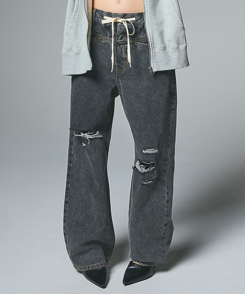 X-girl（エックスガール）の「DRAWSTRING DENIM PANTS（デニムパンツ・レディース・ブラック/ピンク/ライトインディゴブルー・S/M）」の11枚目の写真