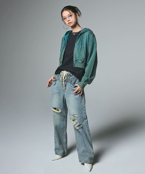 X-girl（エックスガール）の「DRAWSTRING DENIM PANTS（デニムパンツ・レディース・ブラック/ピンク/ライトインディゴブルー・S/M）」の8枚目の写真