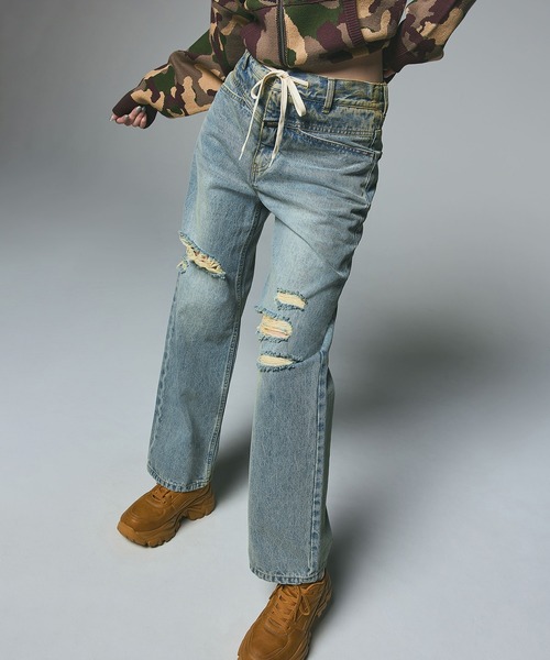 X-girl（エックスガール）の「DRAWSTRING DENIM PANTS（デニムパンツ・レディース・ブラック/ピンク/ライトインディゴブルー・S/M）」の5枚目の写真