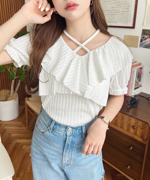 moment+(モーメントプラス)の「クロスリボンフリルカラー半袖ストライプレースカットソー(Tシャツ/カットソー・レディース・ピンク/ブラック/オフホワイト/ナチュラル・M/L)」の16枚目の写真