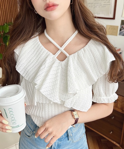 moment+(モーメントプラス)の「クロスリボンフリルカラー半袖ストライプレースカットソー(Tシャツ/カットソー・レディース・ピンク/ブラック/オフホワイト/ナチュラル・M/L)」の19枚目の写真
