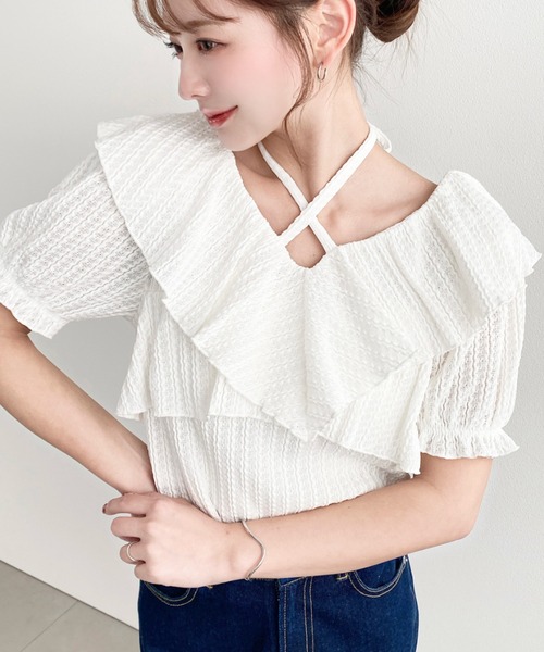 moment+(モーメントプラス)の「クロスリボンフリルカラー半袖ストライプレースカットソー(Tシャツ/カットソー・レディース・ピンク/ブラック/オフホワイト/ナチュラル・M/L)」の10枚目の写真