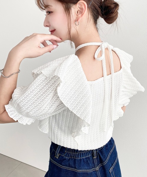 moment+(モーメントプラス)の「クロスリボンフリルカラー半袖ストライプレースカットソー(Tシャツ/カットソー・レディース・ピンク/ブラック/オフホワイト/ナチュラル・M/L)」の13枚目の写真