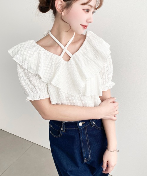 moment+(モーメントプラス)の「クロスリボンフリルカラー半袖ストライプレースカットソー(Tシャツ/カットソー・レディース・ピンク/ブラック/オフホワイト/ナチュラル・M/L)」の14枚目の写真
