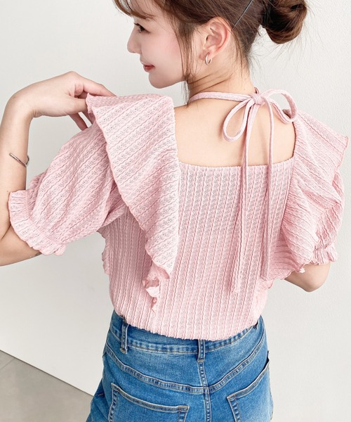 moment+(モーメントプラス)の「クロスリボンフリルカラー半袖ストライプレースカットソー(Tシャツ/カットソー・レディース・ピンク/ブラック/オフホワイト/ナチュラル・M/L)」の7枚目の写真