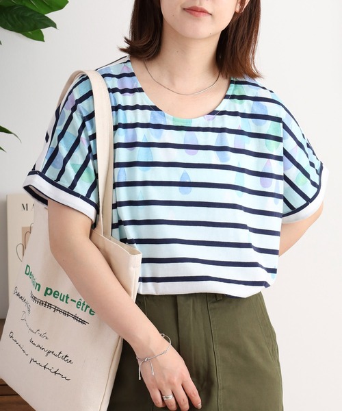 myke(ミーカ)の「myke 水彩しずくプリントタックTシャツ(Tシャツ/カットソー・レディース・オフホワイト/ホワイト×ネイビー/杢グレー・M)」の2枚目の写真