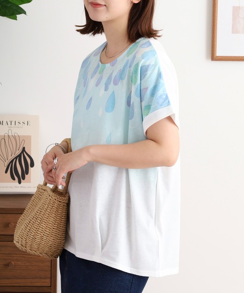 myke(ミーカ)の「myke 水彩しずくプリントタックTシャツ(Tシャツ/カットソー・レディース・オフホワイト/ホワイト×ネイビー/杢グレー・M)」の6枚目の写真