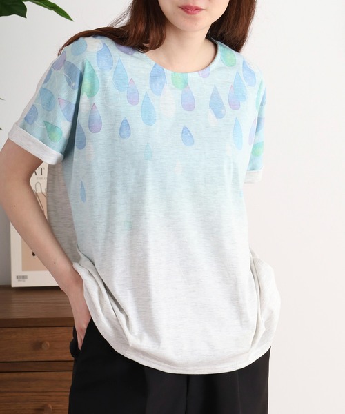 myke(ミーカ)の「myke 水彩しずくプリントタックTシャツ(Tシャツ/カットソー・レディース・オフホワイト/ホワイト×ネイビー/杢グレー・M)」の13枚目の写真