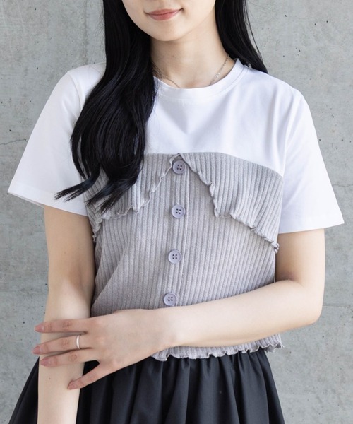 clear（クリア）の「ニットドッキング半袖Tシャツ[着回し抜群 大人 カジュアル]（シャツ/ブラウス・レディース・グレー/アイボリー/ミント・F）」の2枚目の写真