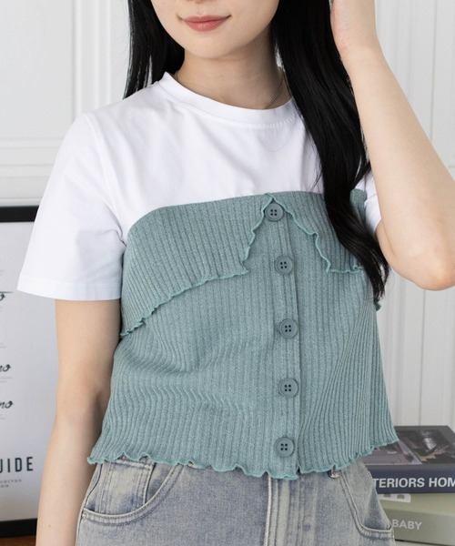 clear（クリア）の「ニットドッキング半袖Tシャツ[着回し抜群 大人 カジュアル]（シャツ/ブラウス・レディース・グレー/アイボリー/ミント・F）」の3枚目の写真