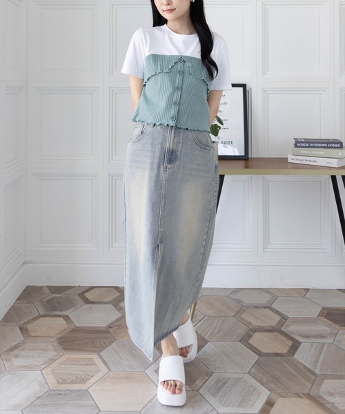 clear（クリア）の「ニットドッキング半袖Tシャツ[着回し抜群 大人 カジュアル]（シャツ/ブラウス・レディース・グレー/アイボリー/ミント・F）」の15枚目の写真