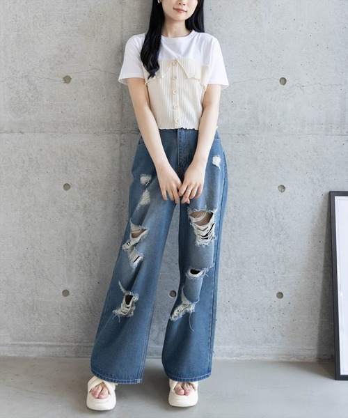 clear（クリア）の「ニットドッキング半袖Tシャツ[着回し抜群 大人 カジュアル]（シャツ/ブラウス・レディース・グレー/アイボリー/ミント・F）」の16枚目の写真