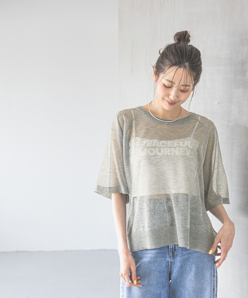 GLOBAL WORK（グローバルワーク）の「シアーニットプリント半袖/459952（ニット/セーター・レディース・チャコールグレー/ライトグレー/グリーン系その他・MEDIUM/LARGE）」の7枚目の写真