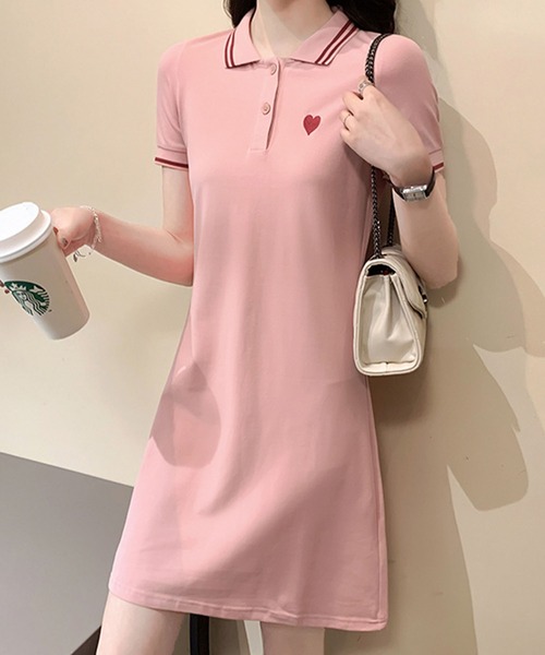 meJane(ミージェーン)の「ハート刺繍 ポロ襟ミニワンピース(ワンピース・レディース・ピンク/ブラック・FREE)」の2枚目の写真