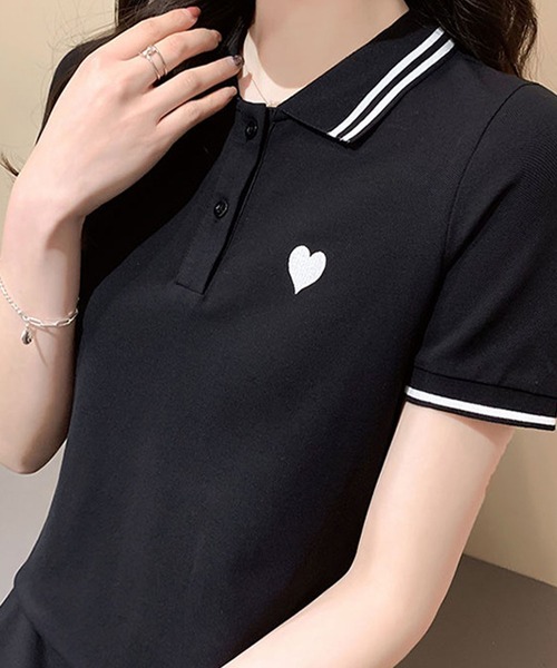 meJane(ミージェーン)の「ハート刺繍 ポロ襟ミニワンピース(ワンピース・レディース・ピンク/ブラック・FREE)」の4枚目の写真