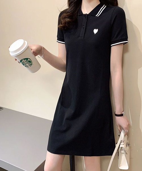 meJane(ミージェーン)の「ハート刺繍 ポロ襟ミニワンピース(ワンピース・レディース・ピンク/ブラック・FREE)」の3枚目の写真