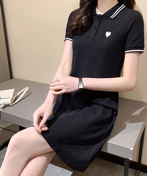 meJane(ミージェーン)の「ハート刺繍 ポロ襟ミニワンピース(ワンピース・レディース・ピンク/ブラック・FREE)」の5枚目の写真