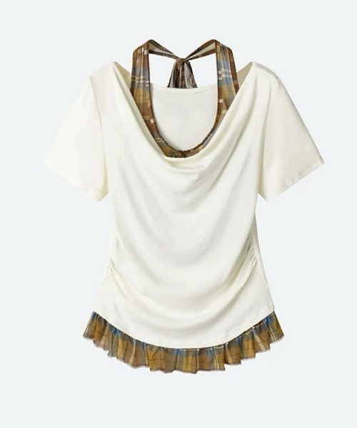 セール】レイヤード風ドレープオフショルリブTシャツ/異素材