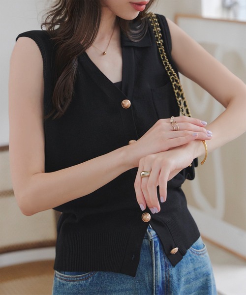 セール】ゴールドボタンVネックニットベストトップス（ベスト）｜KOBE