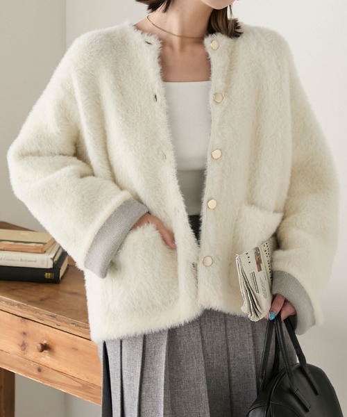 セール】Wフェイスミンクシャギー金ボタンニットカーディガン