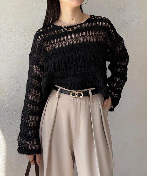 Thevon(ゼボン)の「ブークレ起毛透かし編みショートニット(ニット/セーター・レディース・アイボリー/ブラック・FREE)」の15枚目の写真