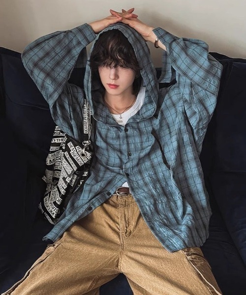 セール】フーディー ヴィンテージライク チェックシャツ 韓国