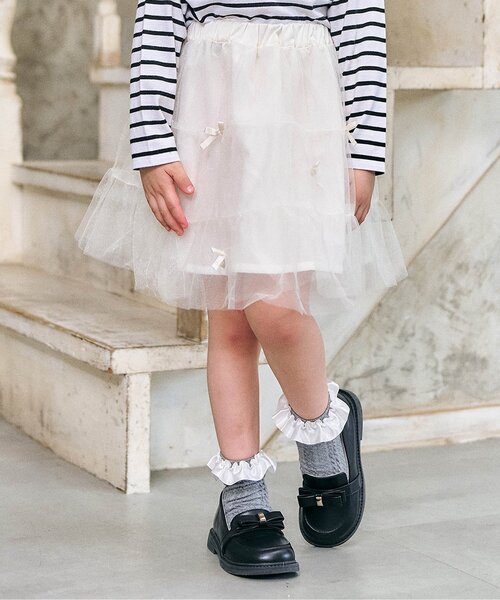 apres les cours(アプレレクール)の「【ジュニア対応】リボンティアードチュールスカート(スカート・キッズ・グレー/アイボリー・90/100/110/120/130/140)」の1枚目の写真