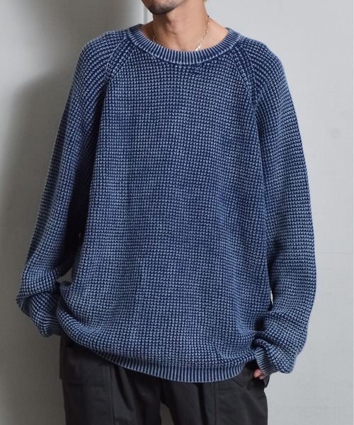 DOUBLE STEAL（ダブルスティール）の「ストーンウォッシュラグランコットンニット（ニット/セーター・メンズ・カーキ/ネイビー・MEDIUM/LARGE）」の9枚目の写真