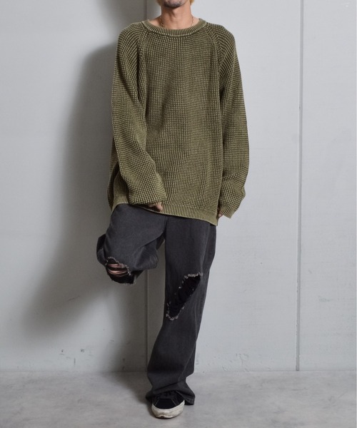 DOUBLE STEAL（ダブルスティール）の「ストーンウォッシュラグランコットンニット（ニット/セーター・メンズ・カーキ/ネイビー・MEDIUM/LARGE）」の14枚目の写真