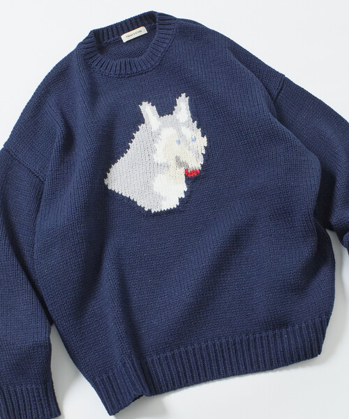 FREAK'S STORE(フリークスストア)の「限定展開 リラックスフィット ドッグモチーフ ローゲージ ジャガード クルーネックニット / ハスキー(ニット/セーター・メンズ・ネイビー/ブラウン/ブラック/チャコールグレー・MEDIUM/LARGE)」の4枚目の写真