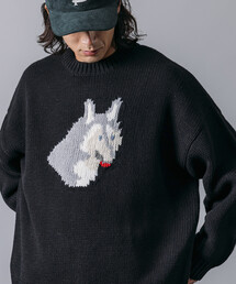 FREAK'S STORE | 限定展開 リラックスフィット ドッグモチーフ ローゲージ ジャガード クルーネックニット / ハスキー(ニット/セーター)