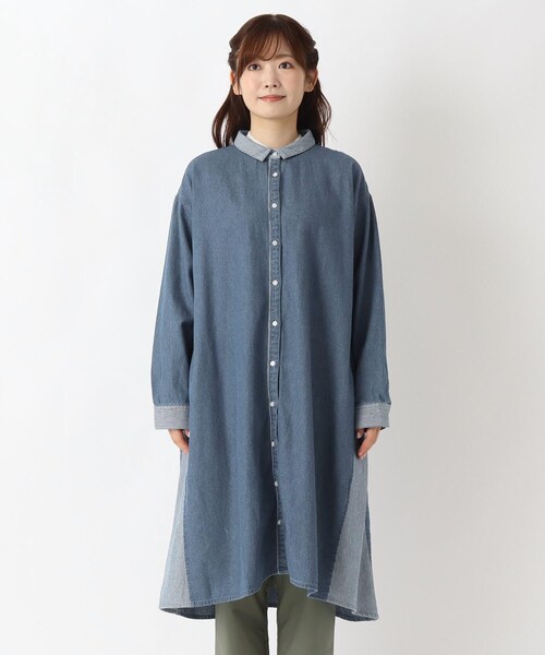 one'sterrace(ワンズテラス)の「デニム&ヒッコリーサイドポケット付きワンピース(ワンピース・レディース・ブルー系その他7/ネイビー系5・02)」の3枚目の写真