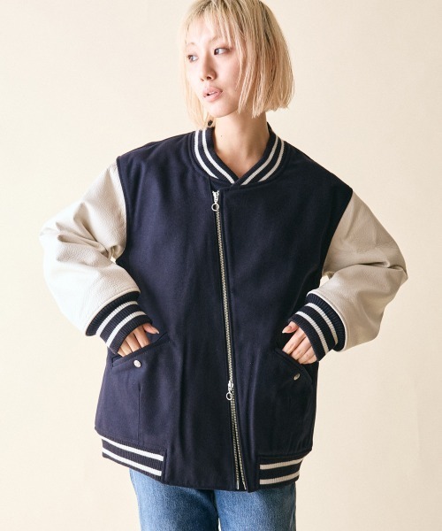 rehacer(レアセル)の「rehacer : Slant Riders Studium JKT / スラント ライダース スタジアム ジャケット(スタジャン・レディース・ブラック/ネイビー・SMALL)」の20枚目の写真