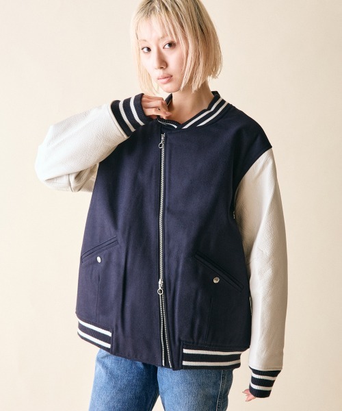 rehacer(レアセル)の「rehacer : Slant Riders Studium JKT / スラント ライダース スタジアム ジャケット(スタジャン・レディース・ブラック/ネイビー・SMALL)」の21枚目の写真