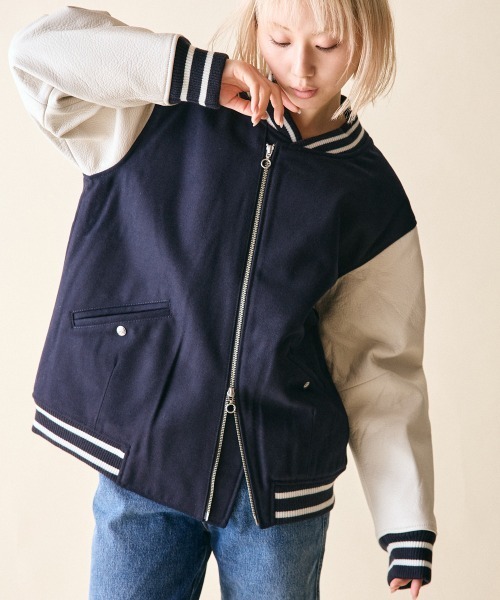 rehacer(レアセル)の「rehacer : Slant Riders Studium JKT / スラント ライダース スタジアム ジャケット(スタジャン・レディース・ブラック/ネイビー・SMALL)」の22枚目の写真