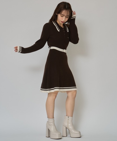 REDYAZEL(レディアゼル)の「バイカラーポロニットロングスリーブミニワンピース(ワンピース・レディース・オフホワイト/ボルドー/ブラウン/ラベンダー/ネイビー・FREE)」の6枚目の写真