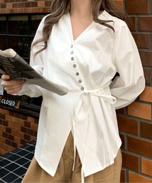 【26年春夏新作】アシンメトリーカシュクールラップデザインVネックボタンシャツ 通勤 大人カジュアル