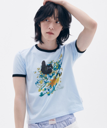 ambler（エムブラー）の「Flower Garden Graphic Semi Crop Ringer Short Sleeve T-Shirt ACR601 (Blue)（Tシャツ/カットソー）」